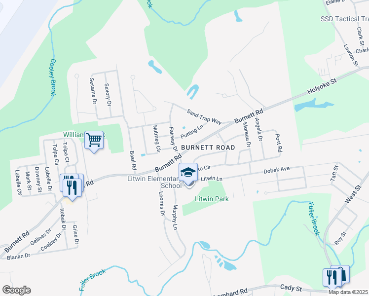 map of restaurants, bars, coffee shops, grocery stores, and more near 7 Olko Circle in Chicopee