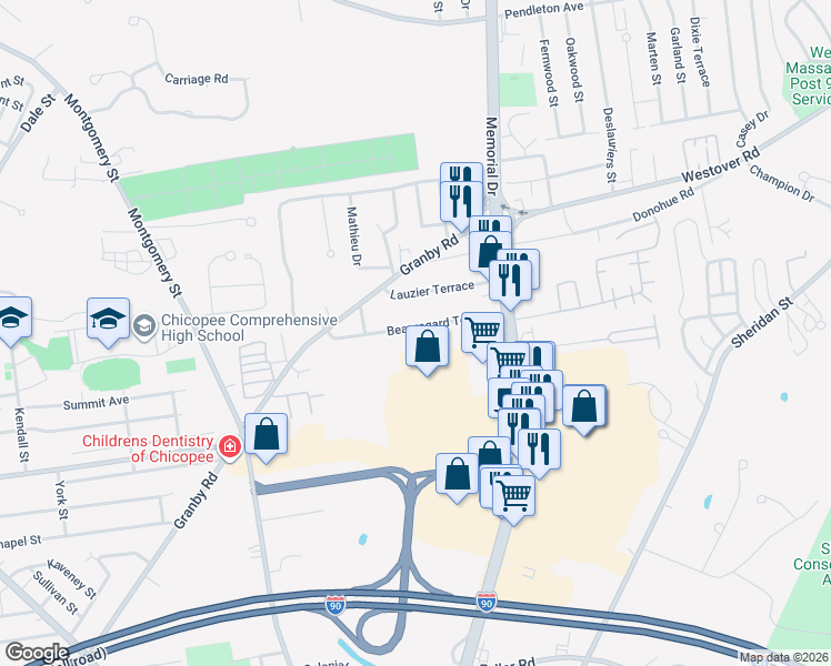 map of restaurants, bars, coffee shops, grocery stores, and more near 57-199 Beauregard Terrace in Chicopee