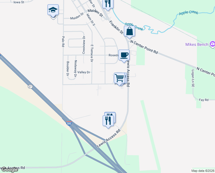 map of restaurants, bars, coffee shops, grocery stores, and more near 600 Ford Lane in Center Point