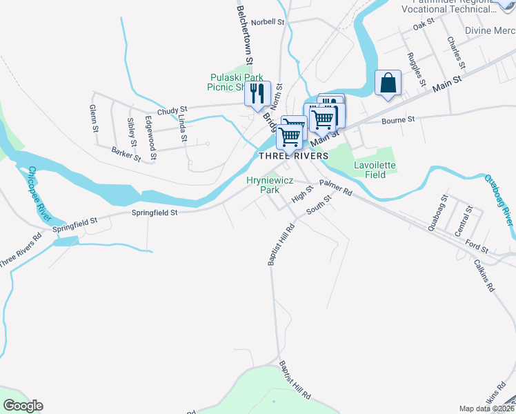 map of restaurants, bars, coffee shops, grocery stores, and more near 40 Maple Terrace in Palmer