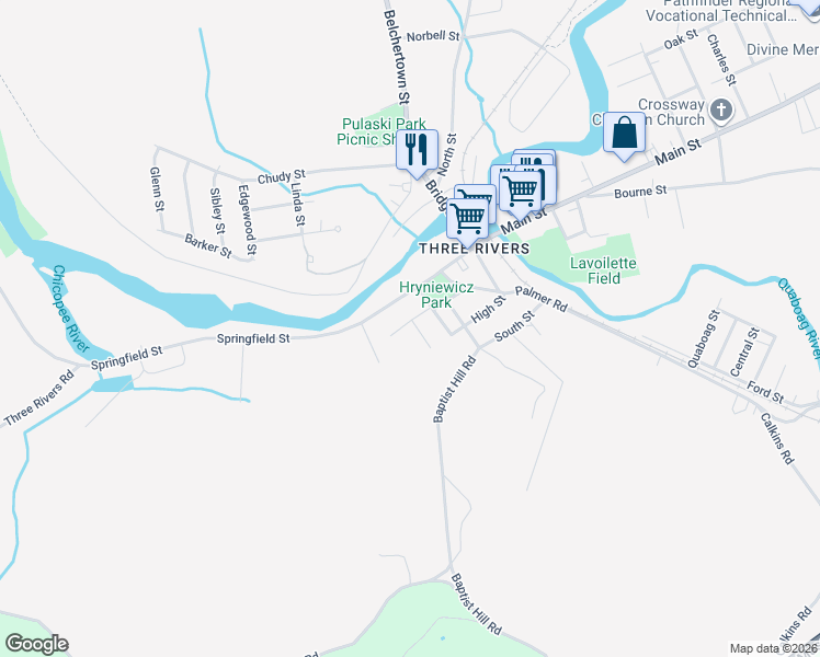 map of restaurants, bars, coffee shops, grocery stores, and more near 1012 Maple Street in Palmer