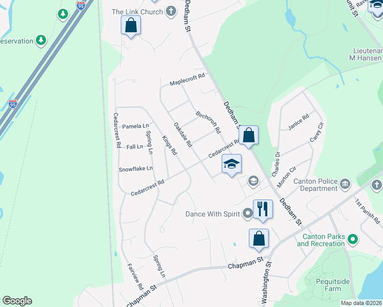 map of restaurants, bars, coffee shops, grocery stores, and more near 34 Kings Road in Canton