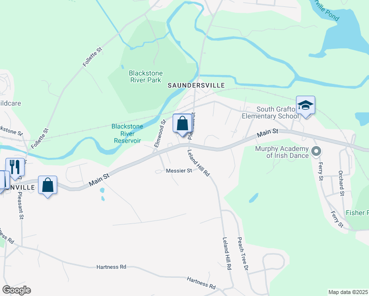 map of restaurants, bars, coffee shops, grocery stores, and more near 2 Leland Hill Road in Grafton