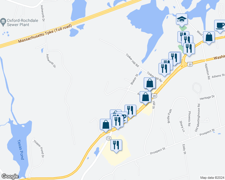 map of restaurants, bars, coffee shops, grocery stores, and more near 22 Blaker Street in Auburn