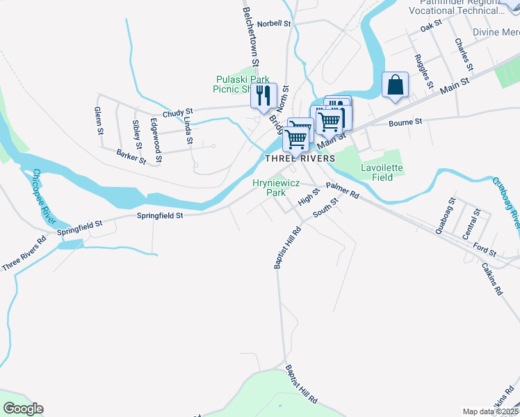 map of restaurants, bars, coffee shops, grocery stores, and more near 1012 Maple Street in Palmer