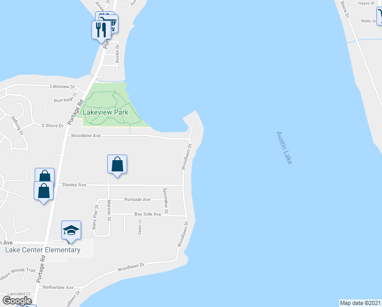 map of restaurants, bars, coffee shops, grocery stores, and more near 9622 Woodlawn Drive in Portage