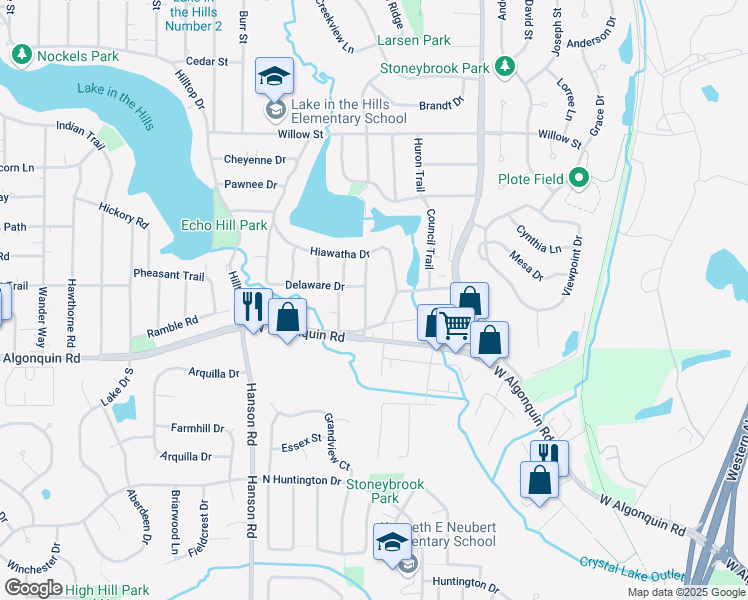 map of restaurants, bars, coffee shops, grocery stores, and more near 292 Apache Trail in Lake in the Hills