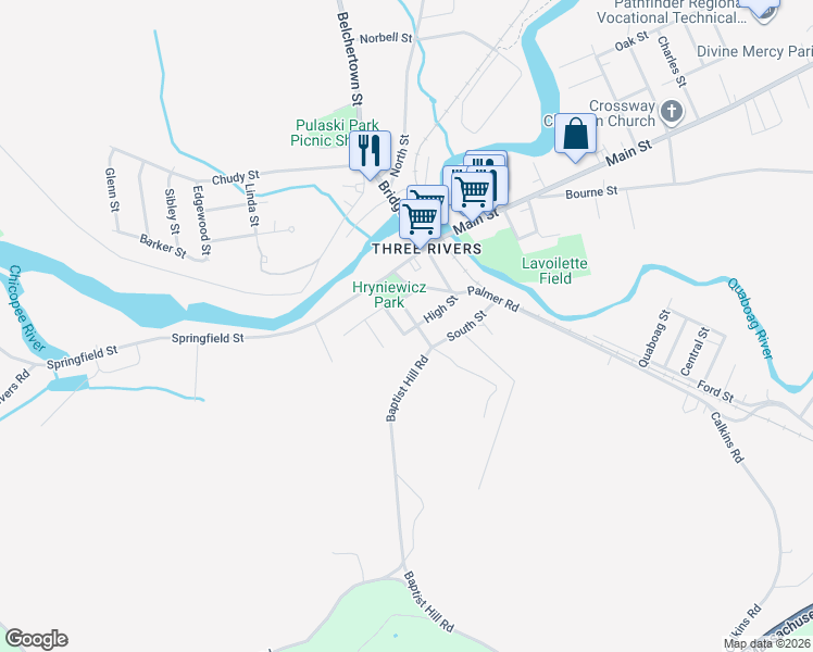 map of restaurants, bars, coffee shops, grocery stores, and more near 2069 High Street in Palmer