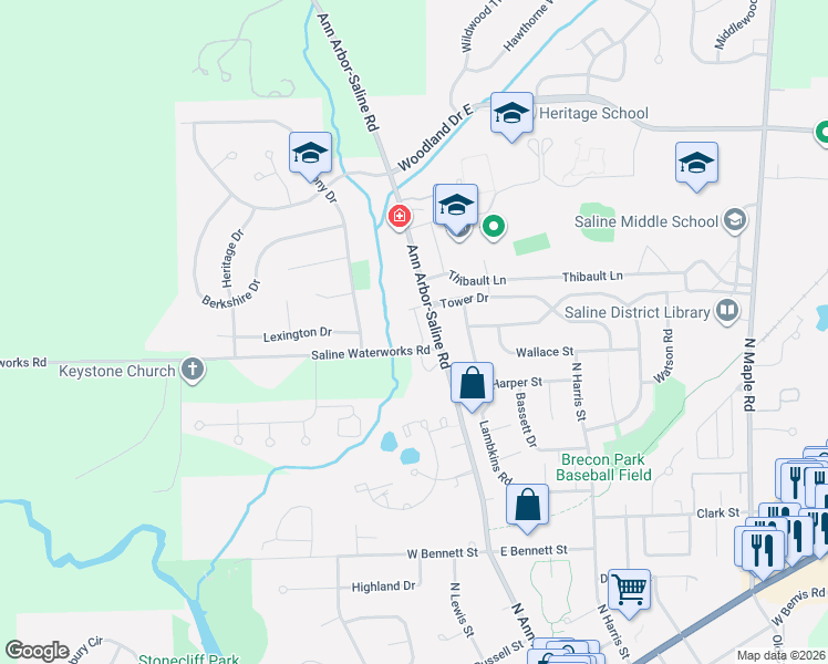 map of restaurants, bars, coffee shops, grocery stores, and more near 974 Savannah Court in Saline