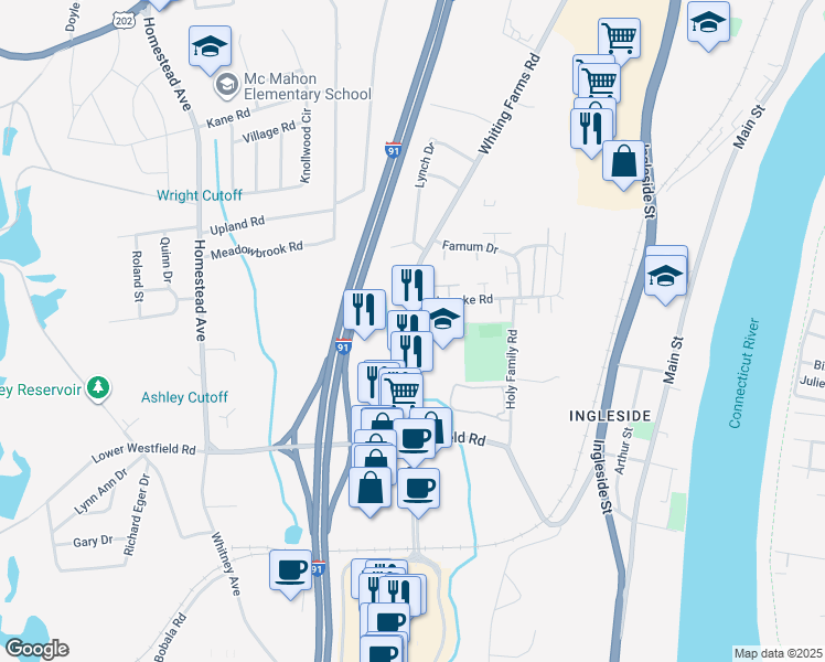 map of restaurants, bars, coffee shops, grocery stores, and more near 210 Whiting Farms Road in Holyoke