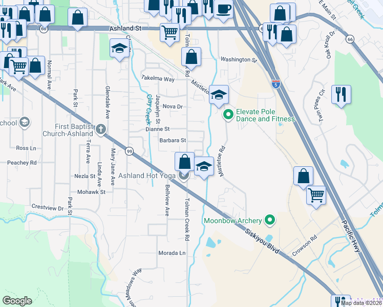 map of restaurants, bars, coffee shops, grocery stores, and more near 1002 Tolman Creek Road in Ashland