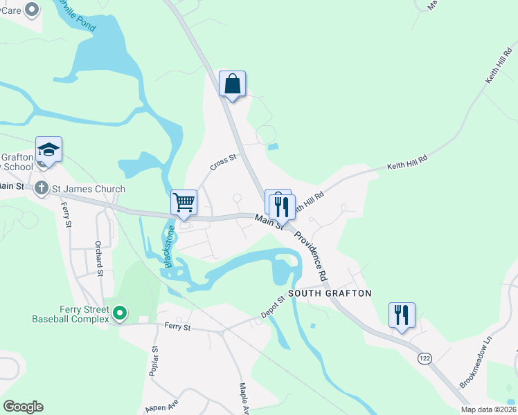 map of restaurants, bars, coffee shops, grocery stores, and more near 6 Main Street in Grafton