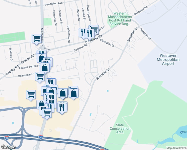 map of restaurants, bars, coffee shops, grocery stores, and more near 43 Somerset Road in Chicopee