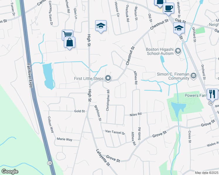 map of restaurants, bars, coffee shops, grocery stores, and more near 51 Christopher Road in Randolph