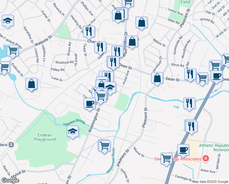 map of restaurants, bars, coffee shops, grocery stores, and more near in Norwood