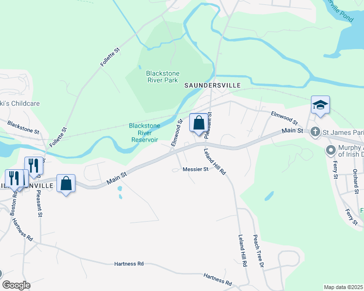 map of restaurants, bars, coffee shops, grocery stores, and more near 163 Main Street in Grafton