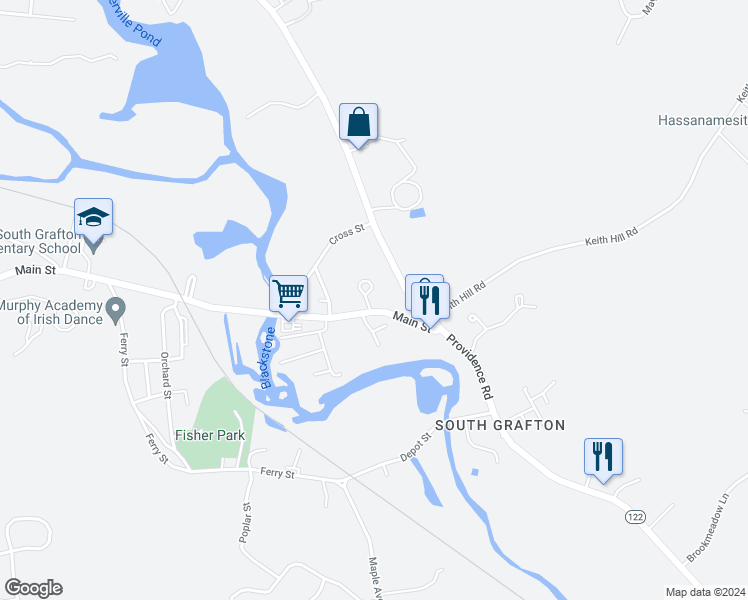 map of restaurants, bars, coffee shops, grocery stores, and more near 17 Zgonis Drive in Grafton