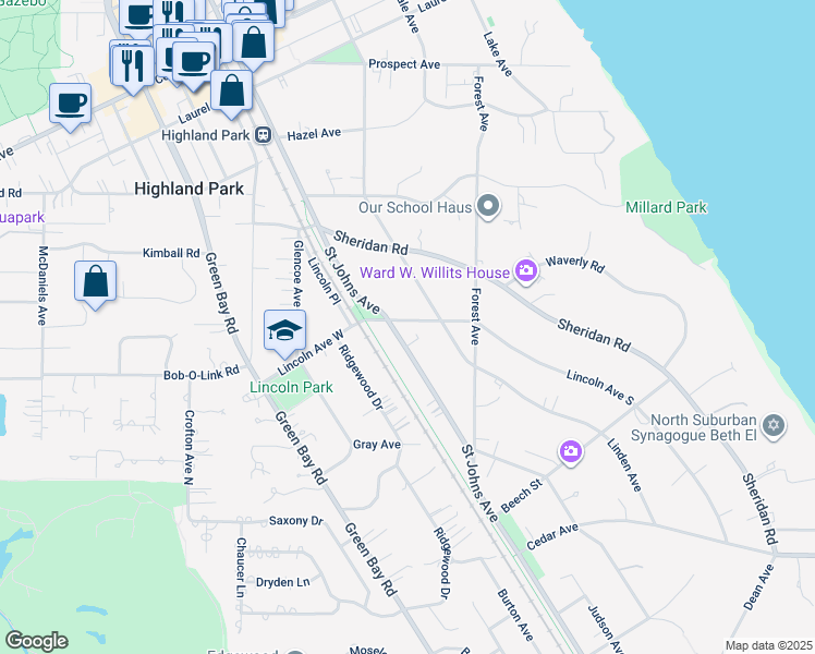map of restaurants, bars, coffee shops, grocery stores, and more near 1350 Saint Johns Avenue in Highland Park