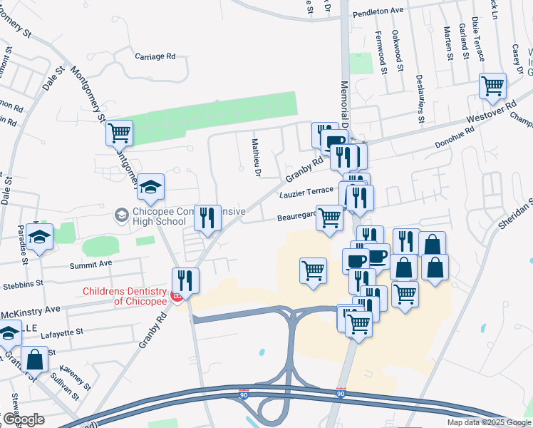 map of restaurants, bars, coffee shops, grocery stores, and more near 63 Beauregard Terrace in Chicopee