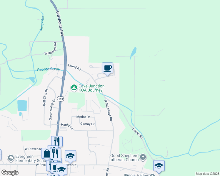 map of restaurants, bars, coffee shops, grocery stores, and more near 499 Laurel Road in Cave Junction