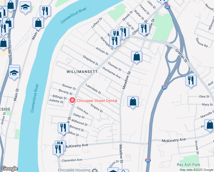 map of restaurants, bars, coffee shops, grocery stores, and more near 28 Greenwich Street in Chicopee
