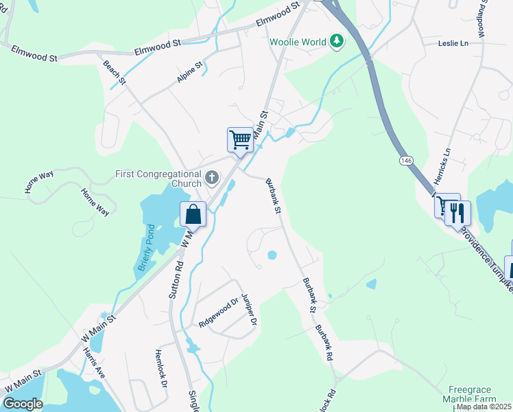 map of restaurants, bars, coffee shops, grocery stores, and more near 42 Burbank Street in Millbury