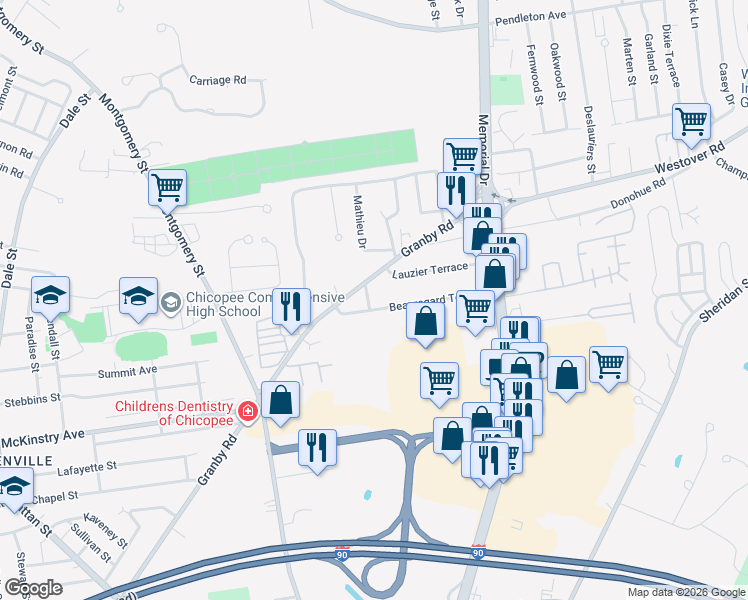 map of restaurants, bars, coffee shops, grocery stores, and more near 63 Beauregard Terrace in Chicopee