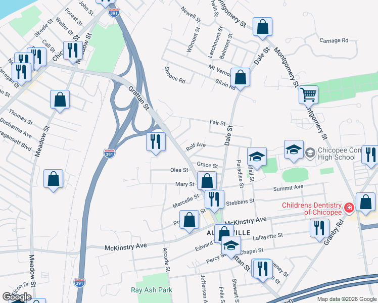 map of restaurants, bars, coffee shops, grocery stores, and more near 813 Grattan Street in Chicopee