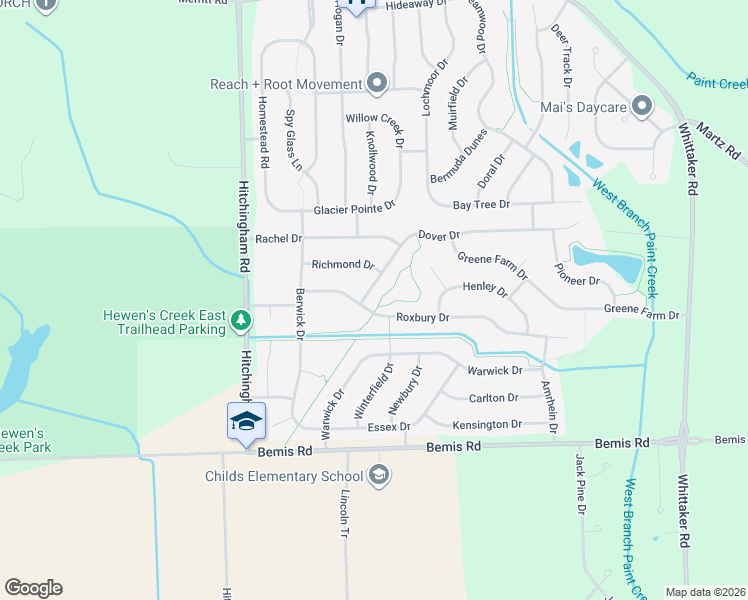 map of restaurants, bars, coffee shops, grocery stores, and more near 7290 Roxbury Drive in Ypsilanti