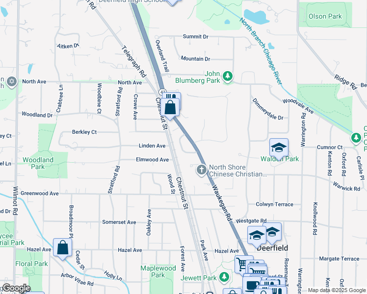 map of restaurants, bars, coffee shops, grocery stores, and more near 1307 Barclay Lane in Deerfield