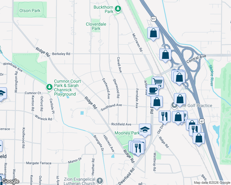 map of restaurants, bars, coffee shops, grocery stores, and more near 1342 Sherwood Road in Highland Park