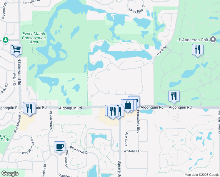map of restaurants, bars, coffee shops, grocery stores, and more near 4535 Coyote Lakes Circle in Lake in the Hills
