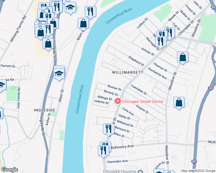map of restaurants, bars, coffee shops, grocery stores, and more near 63 Bonner Street in Chicopee
