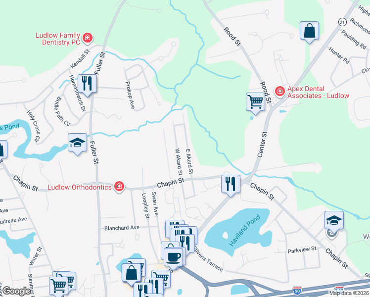 map of restaurants, bars, coffee shops, grocery stores, and more near 69 East Akard Street in Ludlow