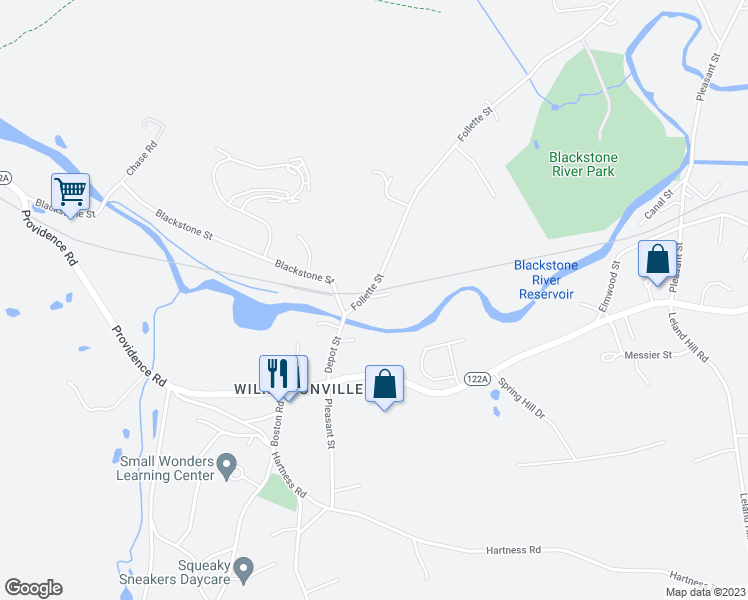 map of restaurants, bars, coffee shops, grocery stores, and more near 2 Mayo Court in Grafton