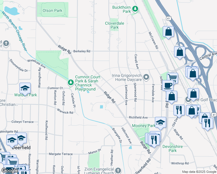 map of restaurants, bars, coffee shops, grocery stores, and more near 1392 Sunnyside Avenue in Highland Park