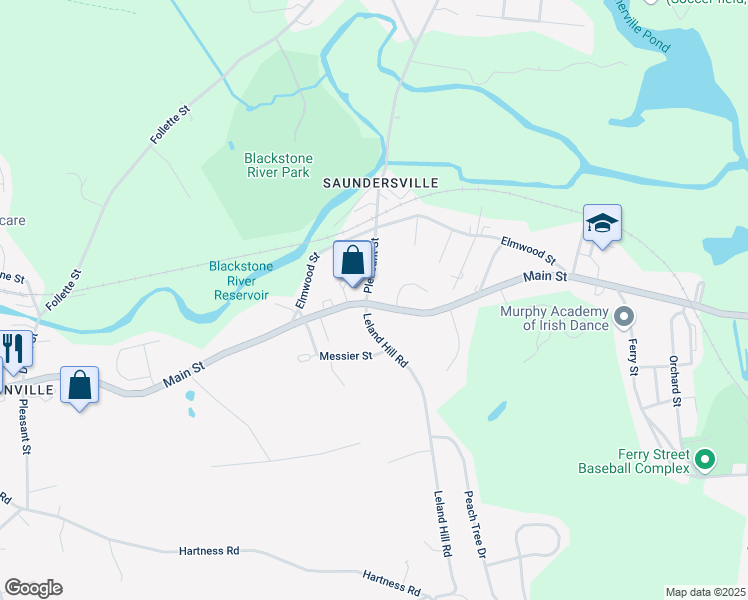 map of restaurants, bars, coffee shops, grocery stores, and more near 186 Pleasant Street in Grafton