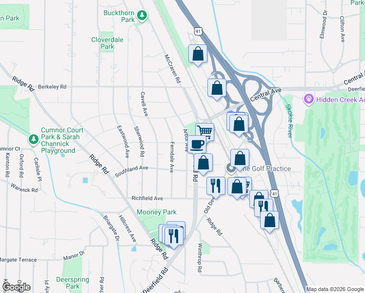 map of restaurants, bars, coffee shops, grocery stores, and more near 1435 Arbor Avenue in Highland Park