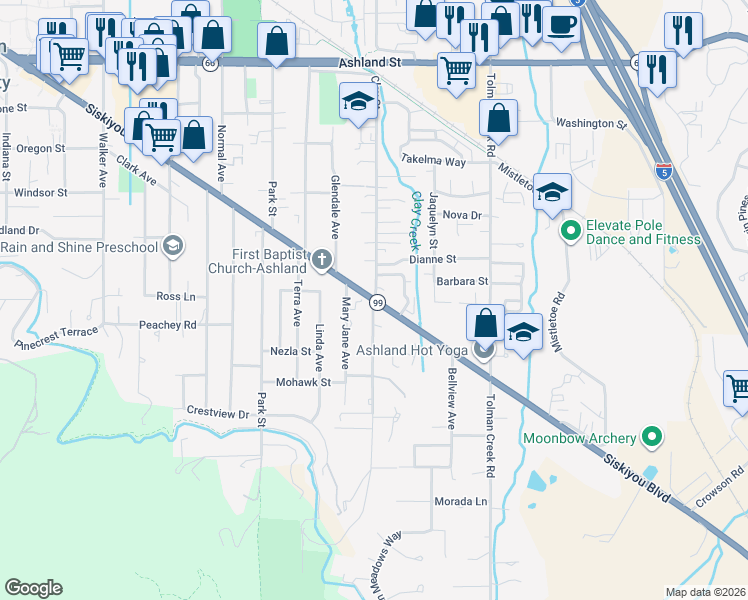 map of restaurants, bars, coffee shops, grocery stores, and more near Siskiyou Blvd & Clay St in Ashland