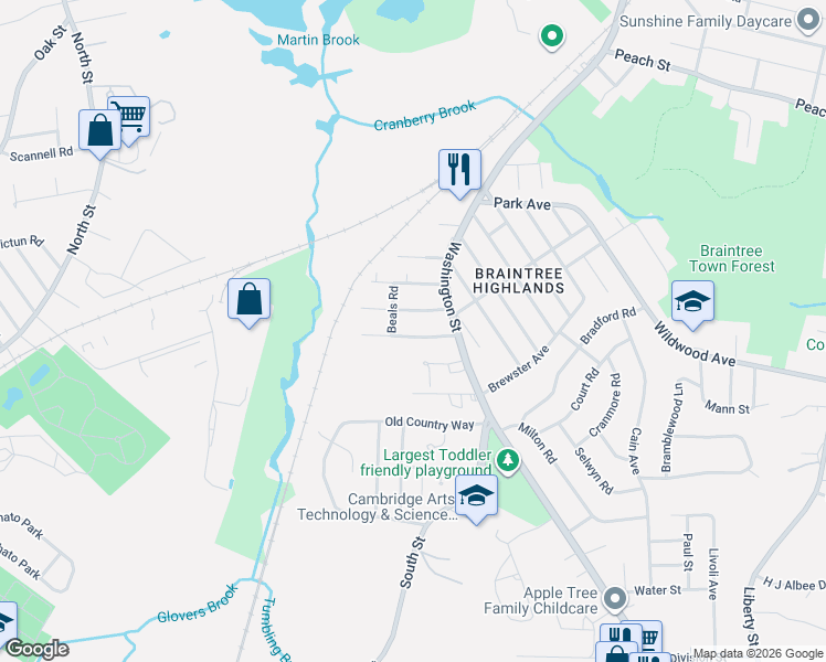 map of restaurants, bars, coffee shops, grocery stores, and more near 29 Hillview Road in Braintree
