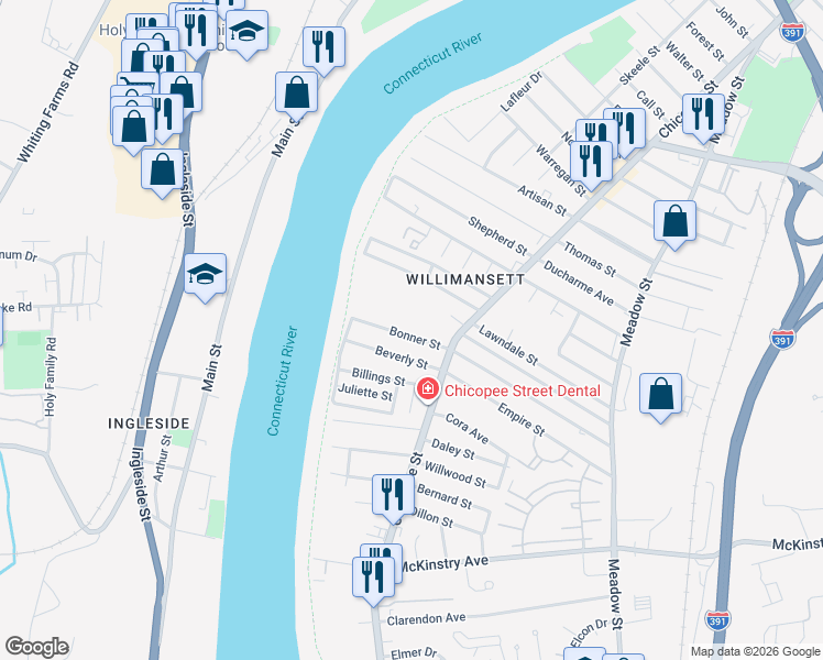 map of restaurants, bars, coffee shops, grocery stores, and more near 44 Bonner Street in Chicopee