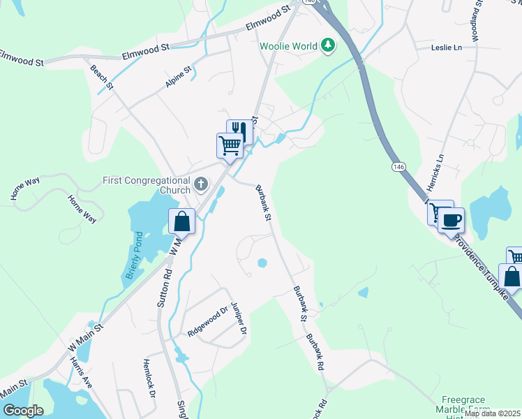 map of restaurants, bars, coffee shops, grocery stores, and more near 28 Burbank Street in Millbury