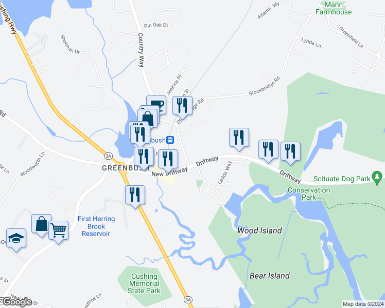 map of restaurants, bars, coffee shops, grocery stores, and more near 352-378 Driftway in Scituate
