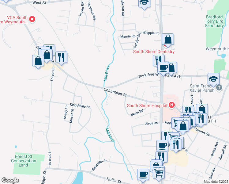 map of restaurants, bars, coffee shops, grocery stores, and more near 158 Park Avenue West in Weymouth