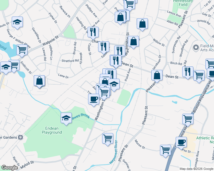 map of restaurants, bars, coffee shops, grocery stores, and more near 15 Weld Avenue in Norwood