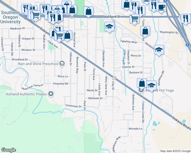 map of restaurants, bars, coffee shops, grocery stores, and more near 2004 Siskiyou Boulevard in Ashland