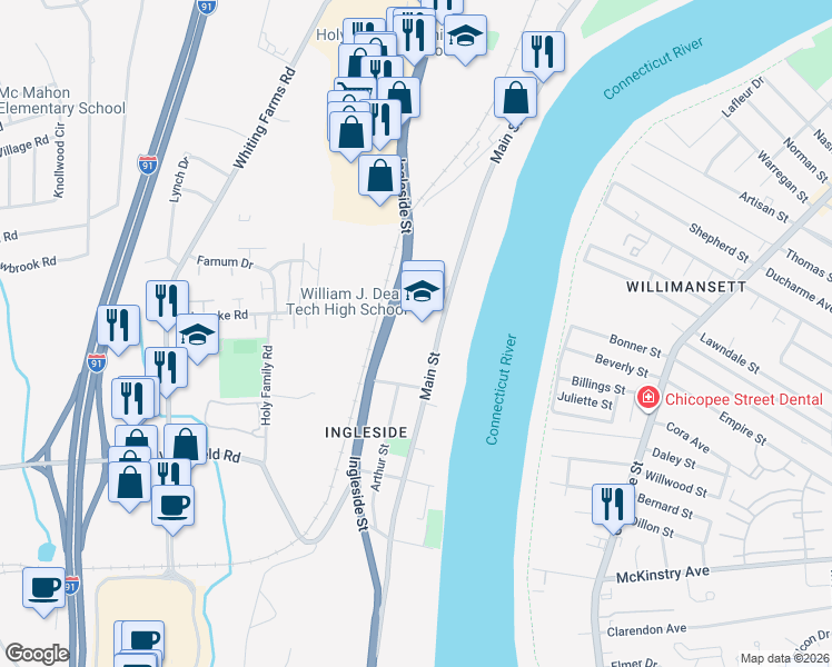 map of restaurants, bars, coffee shops, grocery stores, and more near 1045 Main Street in Holyoke