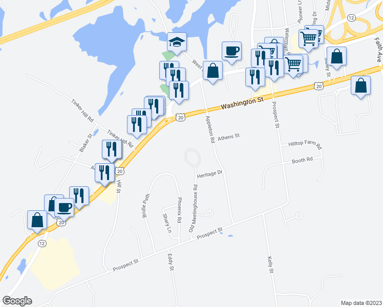 map of restaurants, bars, coffee shops, grocery stores, and more near 161 Old Meetinghouse Road in Auburn
