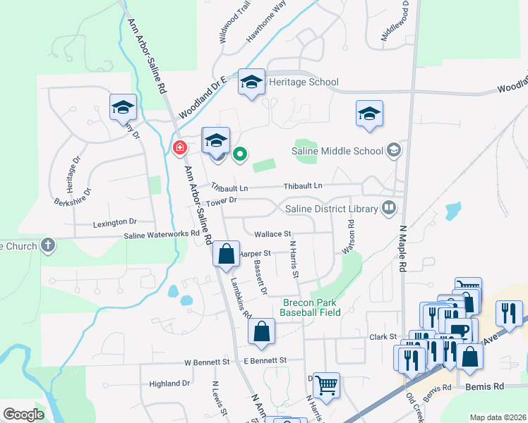 map of restaurants, bars, coffee shops, grocery stores, and more near 174 Tower Drive in Saline
