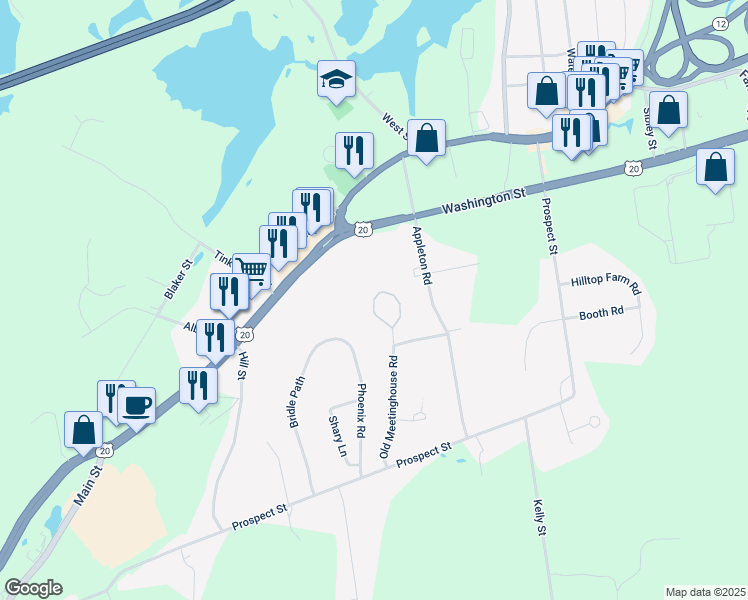 map of restaurants, bars, coffee shops, grocery stores, and more near 145 Old Meetinghouse Road in Auburn